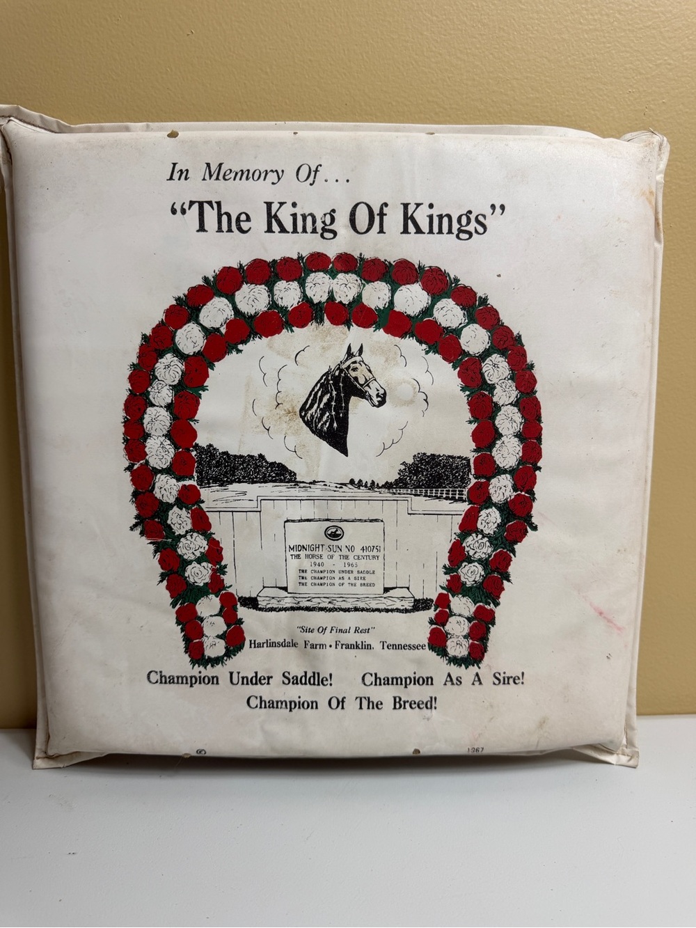 Vintage 1967 Midnight Sun Tennessee Walking Horse Stadium Cushion Harlinsdale